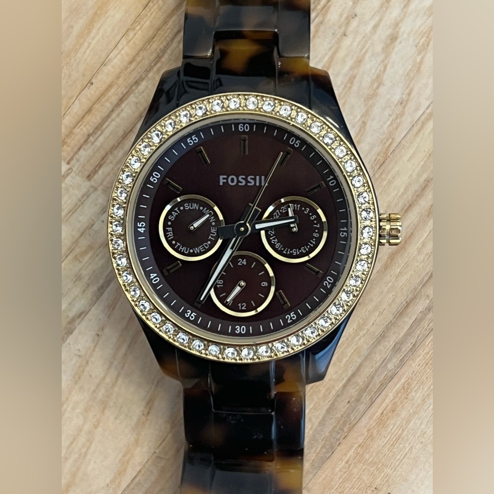 Fossil Ladies Watch Crystal Accents Bronze Copper Dial Tortoise Shell Bracelet
